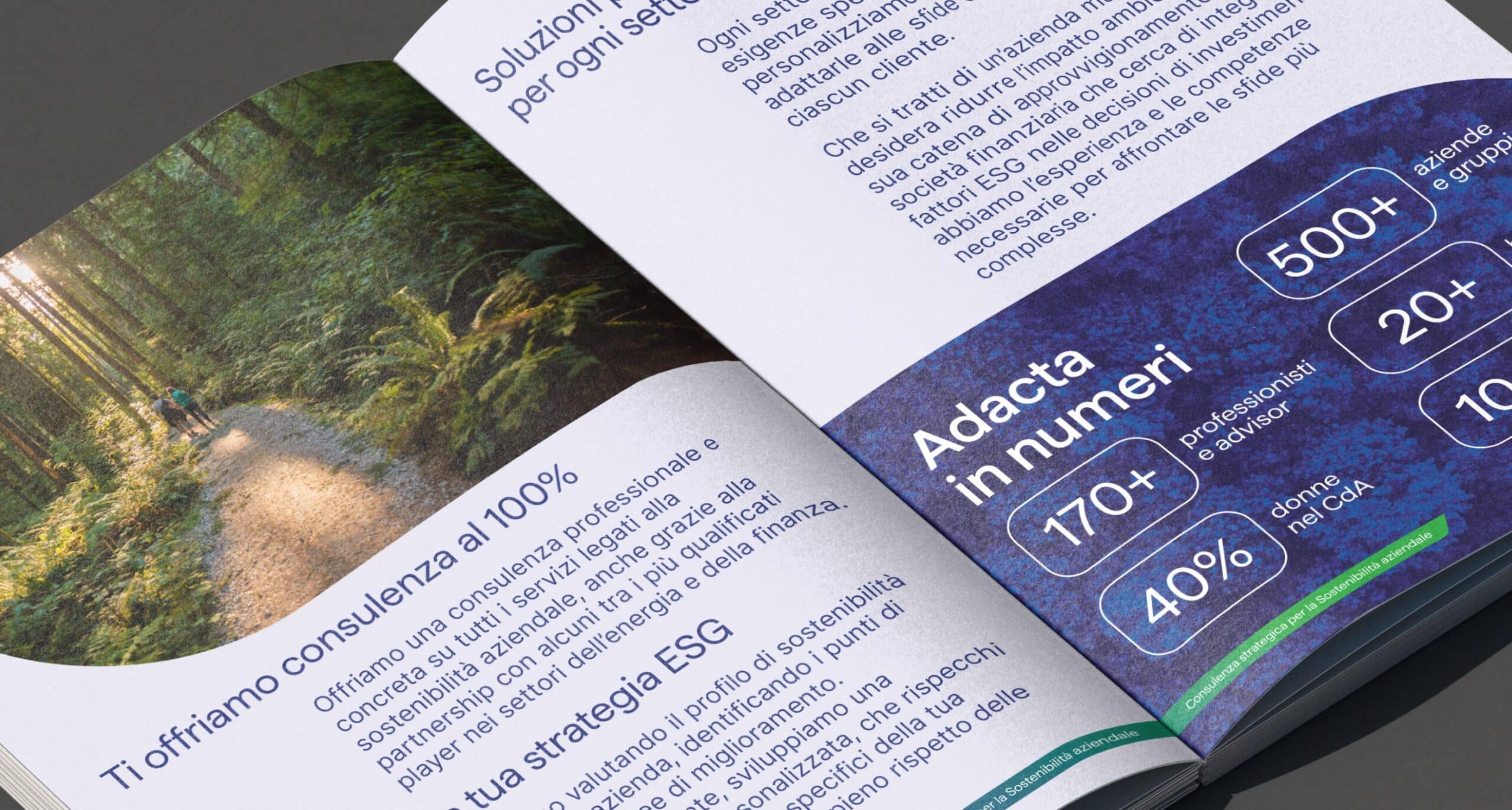 Brochure istituzionale Adacta con foto naturalistica e dati in evidenza sulla sostenibilità.