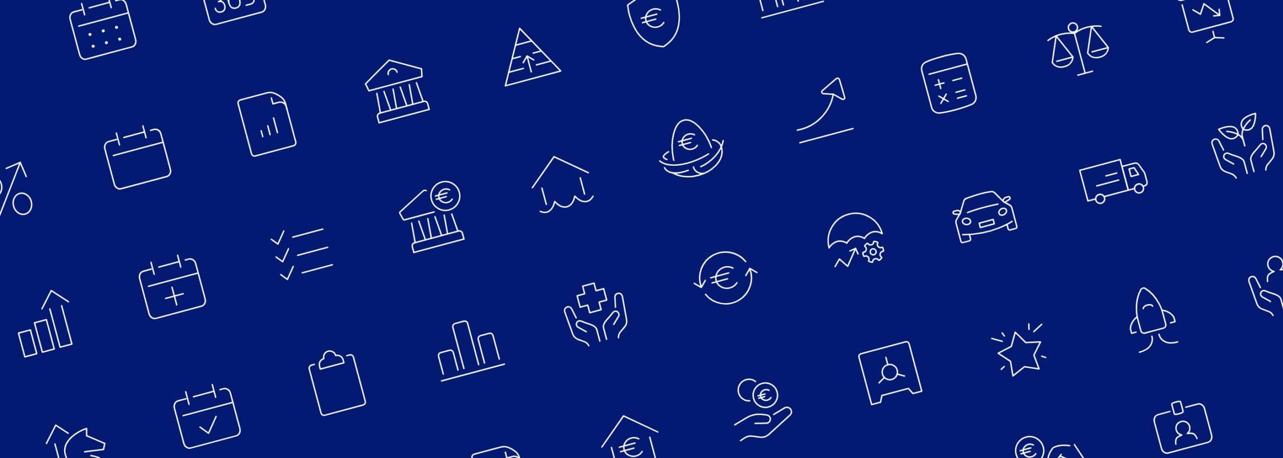 Set di icone stilizzate su sfondo blu che rappresentano temi business e corporate.