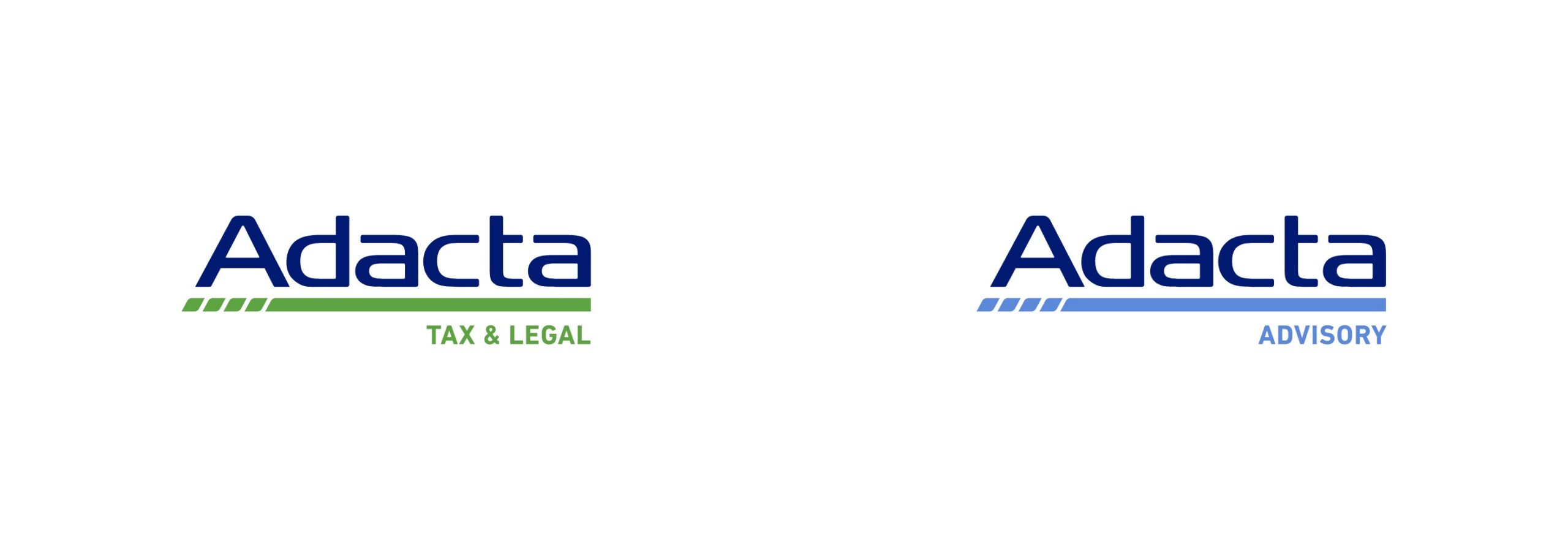 Loghi delle divisioni Adacta con utilizzo del colore verde per Tax & Legal e blu per Advisory.
