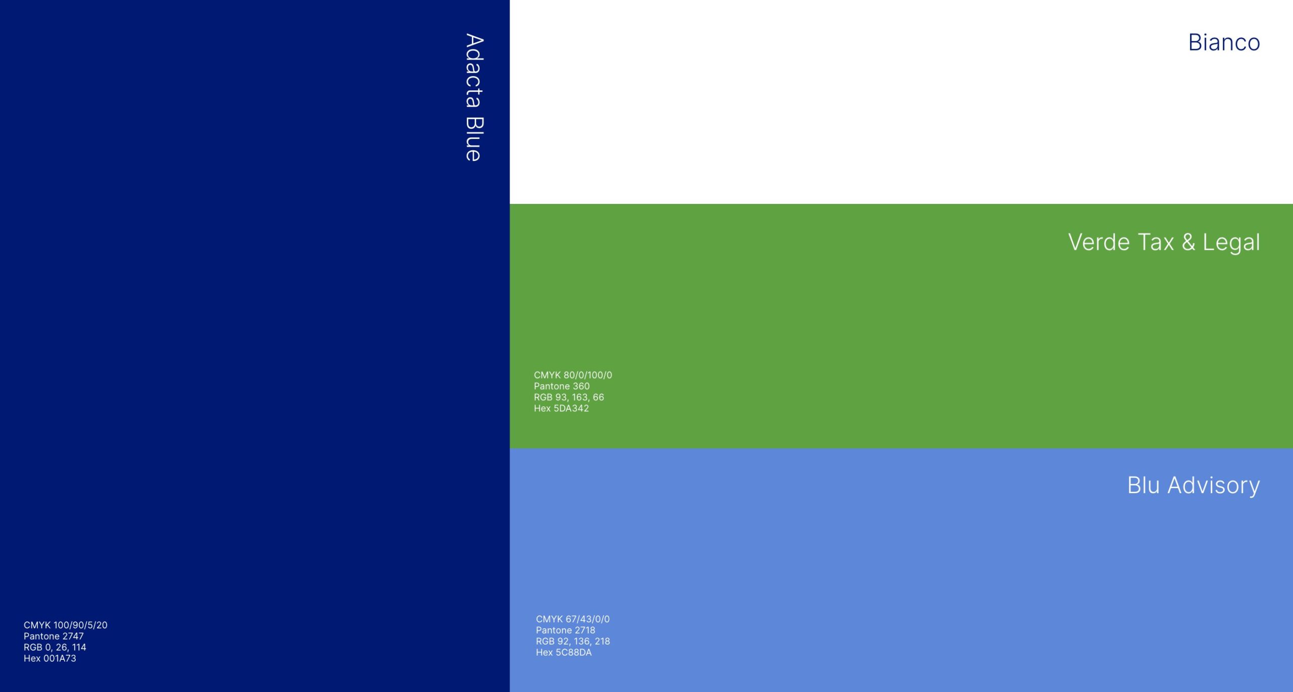 Tavola con palette cromatica del brand: blu istituzionale, verde brillante e azzurro.