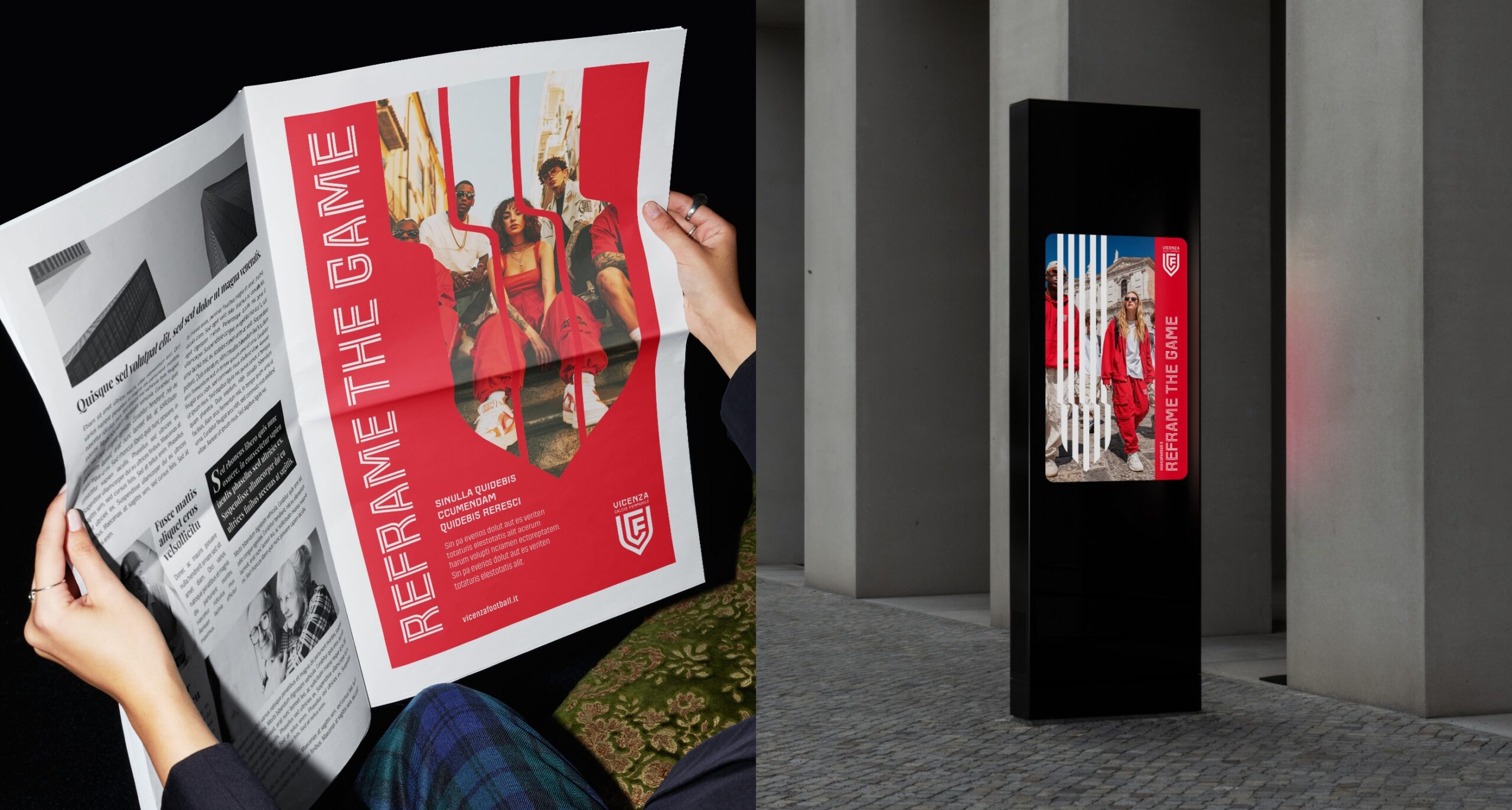 Mani che sfogliano un magazine con grafica Vicenza Women e colonna digitale verticale con immagine delle giocatrici in divisa.